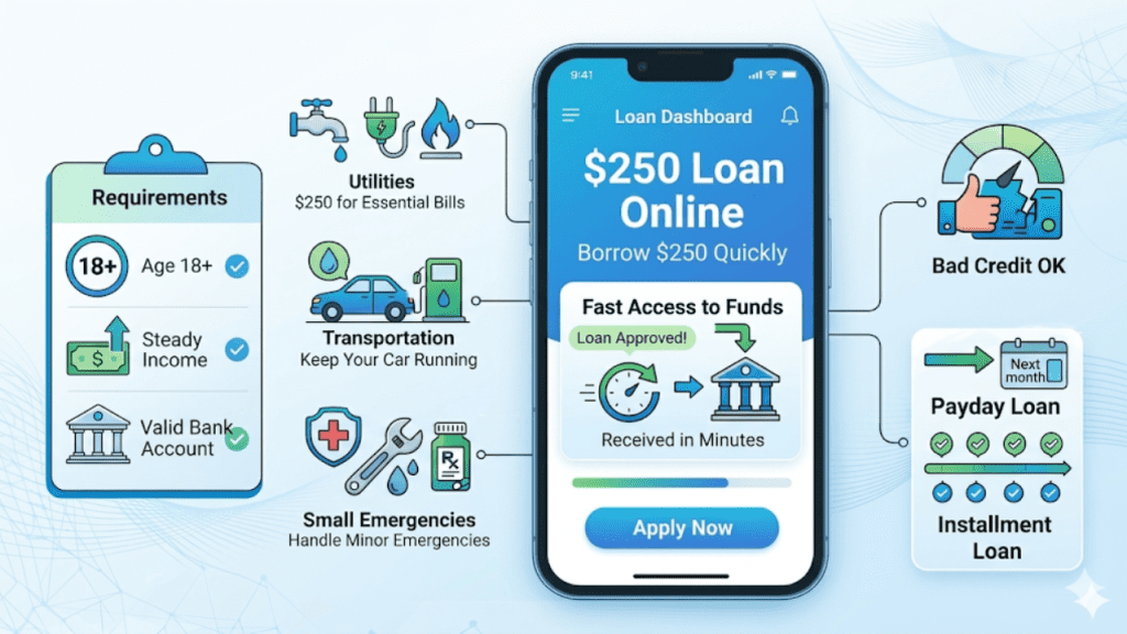 $250 loan from Ready Payday Loans with fast approval, no credit check, and flexible repayment terms