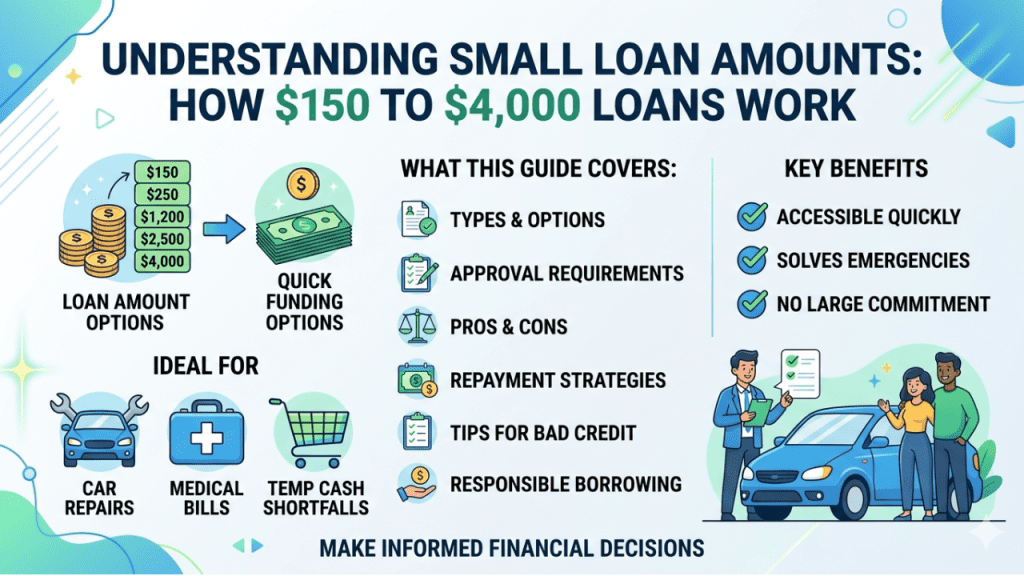 Small loan amounts from $150 to $4,000 for quick cash, emergencies, and short-term expenses